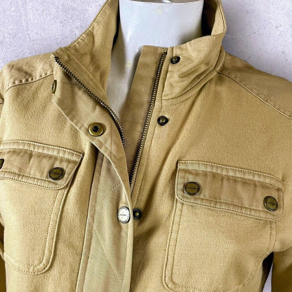 Ralph Lauren Khaki Gold Cotton Safari Jacket Coat Brass Snaps Zip 4 Pockets XL - Picture 5 of 10